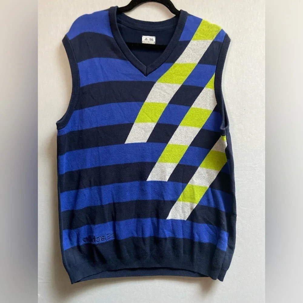 Adidas Graphic Knit V Neck Sweater Vest Blue Green Argyle Sz L